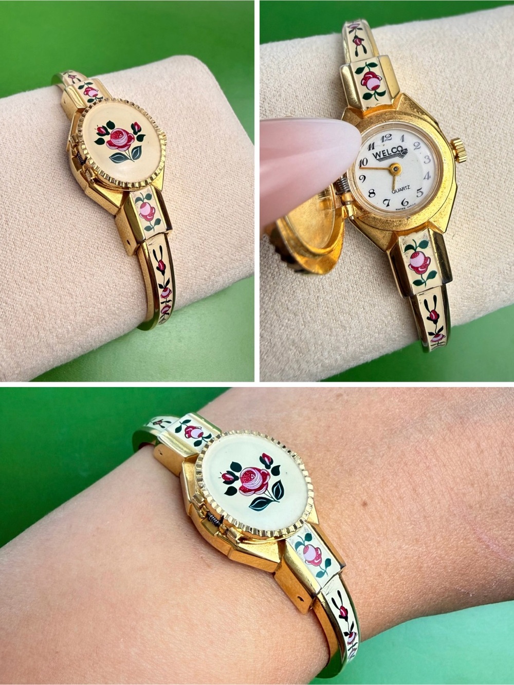 Vintage Swiss Made Peekaboo Hidden Watch Floral Enamel Gold Tone Bangle Bracelet